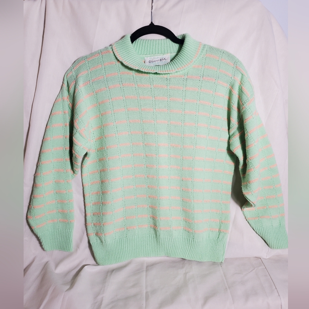 Vintage Womens Glamour Knit Mint Green Sweater With Pink Stripes